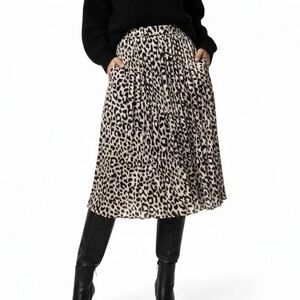 Sadie & LoveLeopard Print Midi Skirt Pleated Neutral Medium